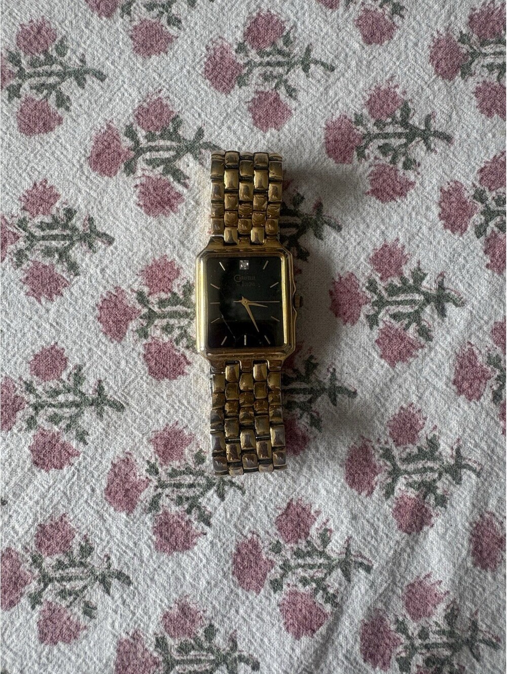 VTG Caravelle By Bulova Mens Tank Black Dial Gold Tone Stainless Watch Diamond
